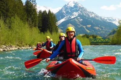 Raft the iller river in allgäu with a local guide. includes wetsuit, helmet, and all safety gear. choose your start time and book your rafting adventure now.