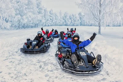 Race karts on a 500m arctic ice track in rovaniemi, lapland. includes transfers, full winter gear, and guidance from local experts. family-friendly adventure.