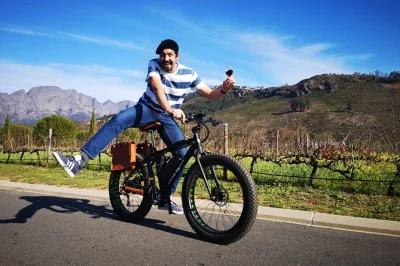 Recorre los viñedos de franschhoek en e-bike con un guía local. visita 2-3 bodegas, disfruta catas y vistas a la montaña. incluye bici y casco.