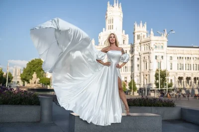 Vivez une séance photo robe volante au cœur du parc retiro à madrid, entre jardins colorés, palacio de cristal étincelant, et profitez de toutes vos photos dans une galerie privée.