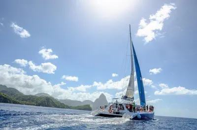Soufriere catamaran tour: Snorkel, mud bath, waterfall