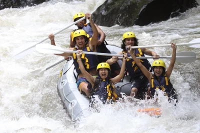 Vive la emoción del rafting en el río ayung, pasea por el bosque de monos de ubud y descubre el mercado de arte local, con recogida en hotel, almuerzo y guía incluido.