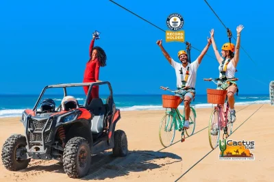 Sinta a aventura em baja com um passeio de utv na praia migriño, pedale na sky bike sobre paisagens do deserto e termine com uma degustação de tequila local. transporte incluso.