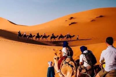 Feel the shift from marrakech’s bustle to sahara silence. includes sunset camel trek, berber camp stay, and atlas mountains drive with pickup.