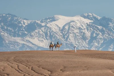 Découvrez une journée complète au désert d’agafay avec balade à dos de chameau et visite de la vallée de l’ourika depuis marrakech. montagnes de l’atlas, villages berbères et thé à la m
