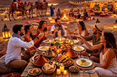 Feel the agafay desert at sunset with a golden hour camel ride, moroccan dinner under lanterns, and live music. includes marrakech hotel pickup for easy booking.