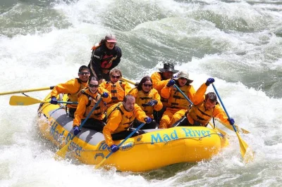 Erlebe das aufregende wildwasser-rafting auf dem snake river in jackson hole – kleine boote, erfahrene guides und komplette ausrüstung inklusive. abholung und rückfahrt sind im preis enthalten.
