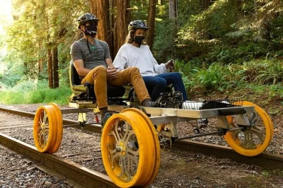 Pedala su railbike elettriche tra le sequoie della california, osserva aironi e lontre lungo pudding creek e rilassati a glen blair junction. caschi e acqua inclusi.