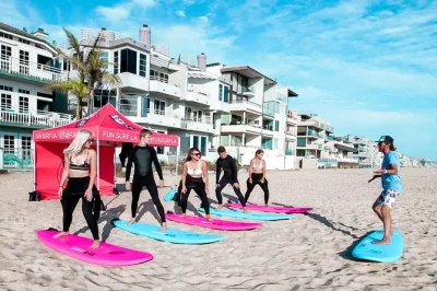 Try surfing at venice beach with a small group lesson, wetsuit & board included. learn basics on the sand, then ride the waves with an instructor and free practice time.