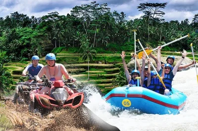 Erlebe bali hautnah bei einer atv-tour durch reisfelder und wildwasser-rafting auf dem ayung-fluss. inklusive hoteltransfer, guide, sicherheitsausrüstung und buffet am flussufer.