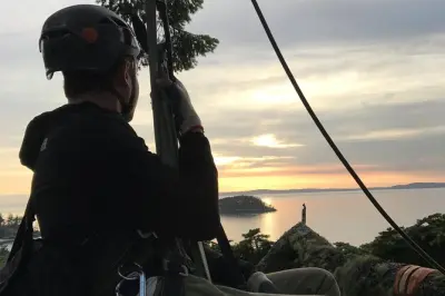 Escalada ao pôr do sol em árvores antigas na ilha Lopez