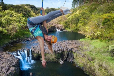 Sinta a adrenalina no tour de zipline com 9 linhas sobre as cachoeiras e a floresta tropical da big island, com linhas duplas para corrida, guias experientes e todo o equipamento incluso—reserve já