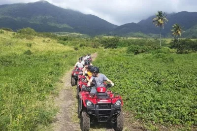 Feel the rush of an atv ride in st kitts, explore lambert’s estate ruins, and wind through sugar cane fields with a local guide. includes hotel pickup.
