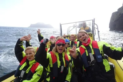 Vestmannaeyjar, grotte marine e puffin: tour in barca in piccolo gruppo con guida locale, tuta galleggiante e giubbotto di salvataggio inclusi.
