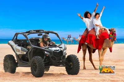 Feel the rush of a maverick sxs ride on migriño beach, meet camels up close, and unwind with tequila tasting in los cabos. includes hotel pickup & lunch.