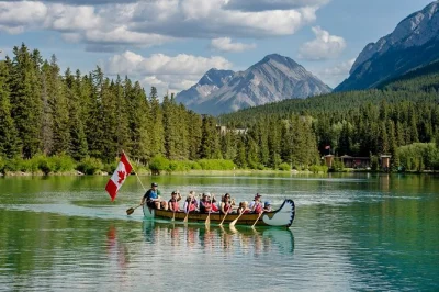 Float the bow river in banff on a big canoe with a local guide, hear stories, spot wildlife, and enjoy light refreshments. includes safety gear and family-friendly fun.