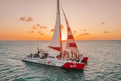 Scopri la costa di aruba al tramonto su un catamarano con cena a buffet, open bar e sapori locali. include pickup e guida per una serata rilassante.