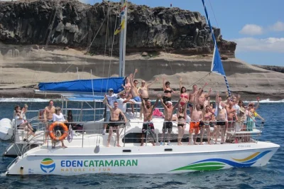 Erlebe eine katamaran-tour ab puerto colon auf teneriffa, beobachte wilde delfine und wale, genieße kostenlose getränke und segle entspannt entlang der küste. einfach buchen.