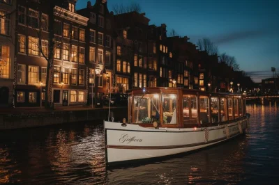 Disfruta de un paseo nocturno por los canales de Ámsterdam con guía en vivo, bar a bordo y snacks típicos. crucero de 2 horas con fácil acceso desde el centro para una noche relajada.