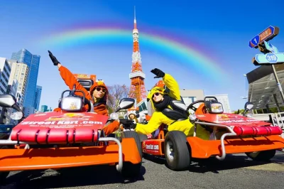 Feel the rush of driving a street go-kart through tokyo, crossing rainbow bridge and passing tokyo tower. includes costumes, guide in a kart, and all fees.