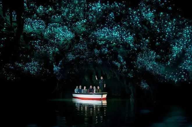 Bote en las cuevas de Waitomo bajo miles de luciérnagas brillantes