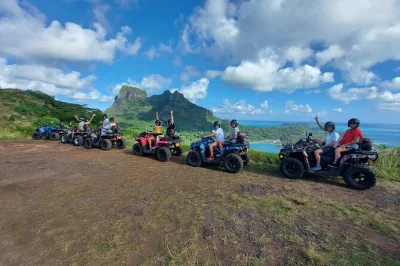 Feel the thrill of a 3-hour atv-quad tour in bora bora, riding to mount popoti with a local guide, fresh fruit, and drinks included. pickup available from main island hotels.