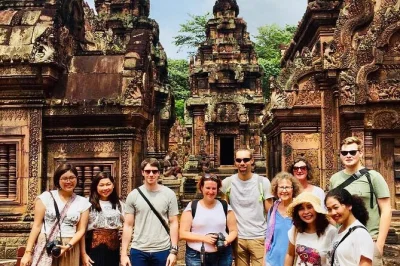 Step into ancient cambodia with a small group tour from siem reap to banteay srei, preah khan, and more. includes hotel pickup, local guide, and cold drinks.
