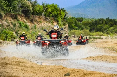 Feel the baja desert on a 4x4 atv ride near los cabos, then relax with oceanfront mexican buffet, tequila tasting, and hotel pickup included for easy booking.
