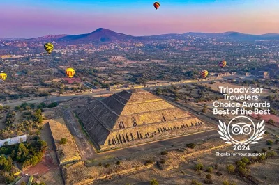 Float above teotihuacan at sunrise, toast with sparkling wine, explore ancient ruins and visit the basilica of guadalupe—all with transport from mexico city included.