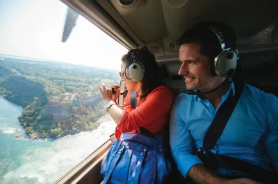 Feel the rush as you soar above niagara falls, passing horseshoe falls, rainbow bridge & skylon tower on a 10-minute helicopter ride with live commentary.