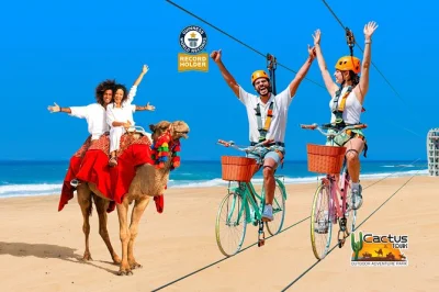 Siente la emoción del sky bike sobre migriño y relájate con un paseo en camello por la playa en los cabos. incluye transporte, guía bilingüe y degustación de tequila.