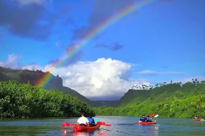 Erlebe kauai mit einer geführten kajaktour auf dem wailua river und einer wanderung durch den regenwald zu den secret falls. inklusive ausrüstung, erfahrenem guide und wasserdichtem drybag.