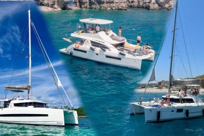 Set sail from rhodes to anthony quinn bay, afandou beach & kallithea springs on a 6-hour catamaran cruise with lunch, drinks & snorkeling included.