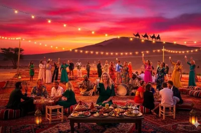 Descubre el desierto de agafay al atardecer, monta en camello, disfruta de un paseo en quad y comparte una cena marroquí con música en vivo. recogida incluida en marrakech.