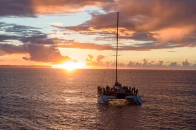 Raise a glass as you sail kauai’s na pali coast at sunset, with dinner, local drinks, and stories from your captain. includes pickup and friendly crew.