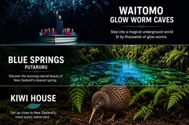 Auckland to Waitomo Glowworms & Kiwi House: Day tour