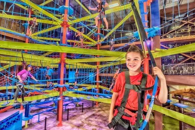 Step into 80,000 sq ft of indoor adventure at fritz’s in branson—multi-story ropes, giant slides, climbing walls, and more. all-day entry with easy re-entry.