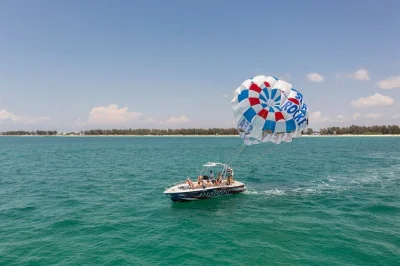 Feel the wind above anna maria island on a 400-foot parasailing flight. spot dolphins, enjoy gulf views, and choose a water dip—includes all gear and marina parking.