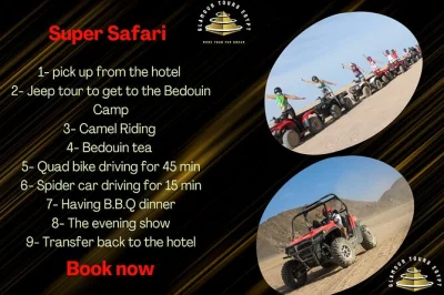 Ride quads and dune buggies in hurghada’s desert, visit a bedouin camp, and enjoy a bbq dinner with folklore show. includes hotel pickup and guide.